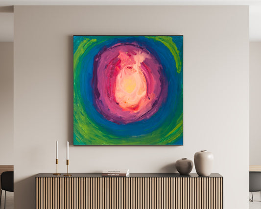 Circular Surrender - Square Abstract Art Print - Blue Green Pink Orb