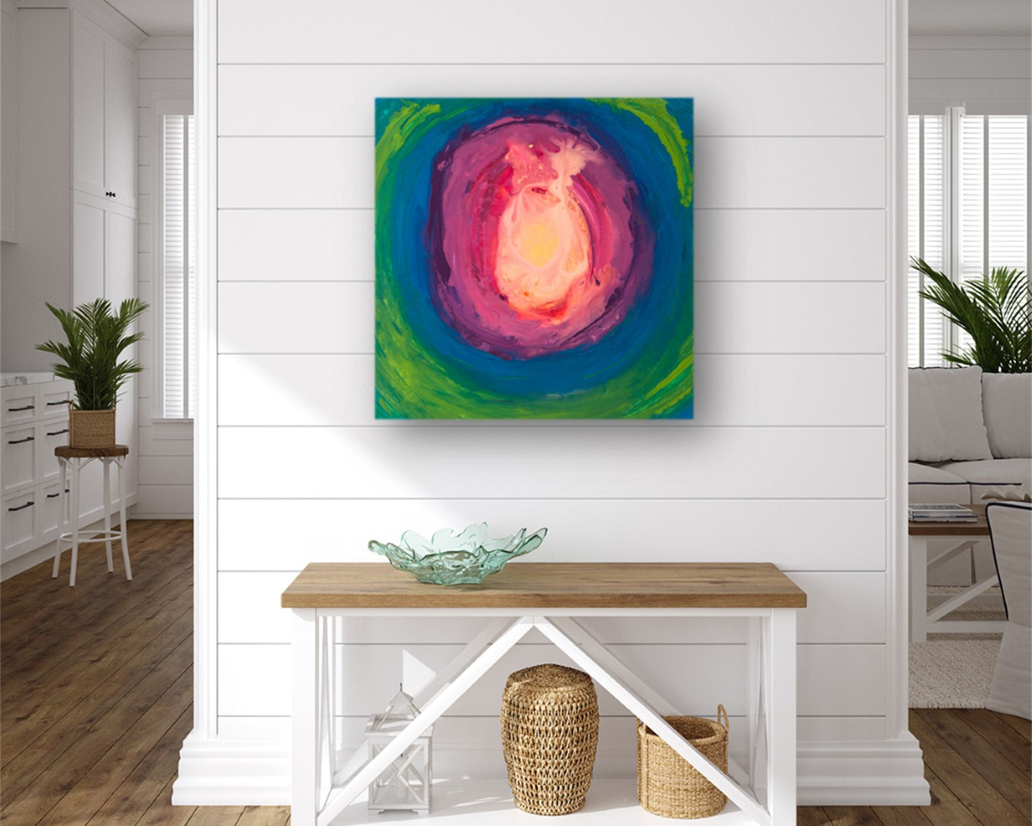 Circular Surrender - Square Abstract Art Print - Blue Green Pink Orb