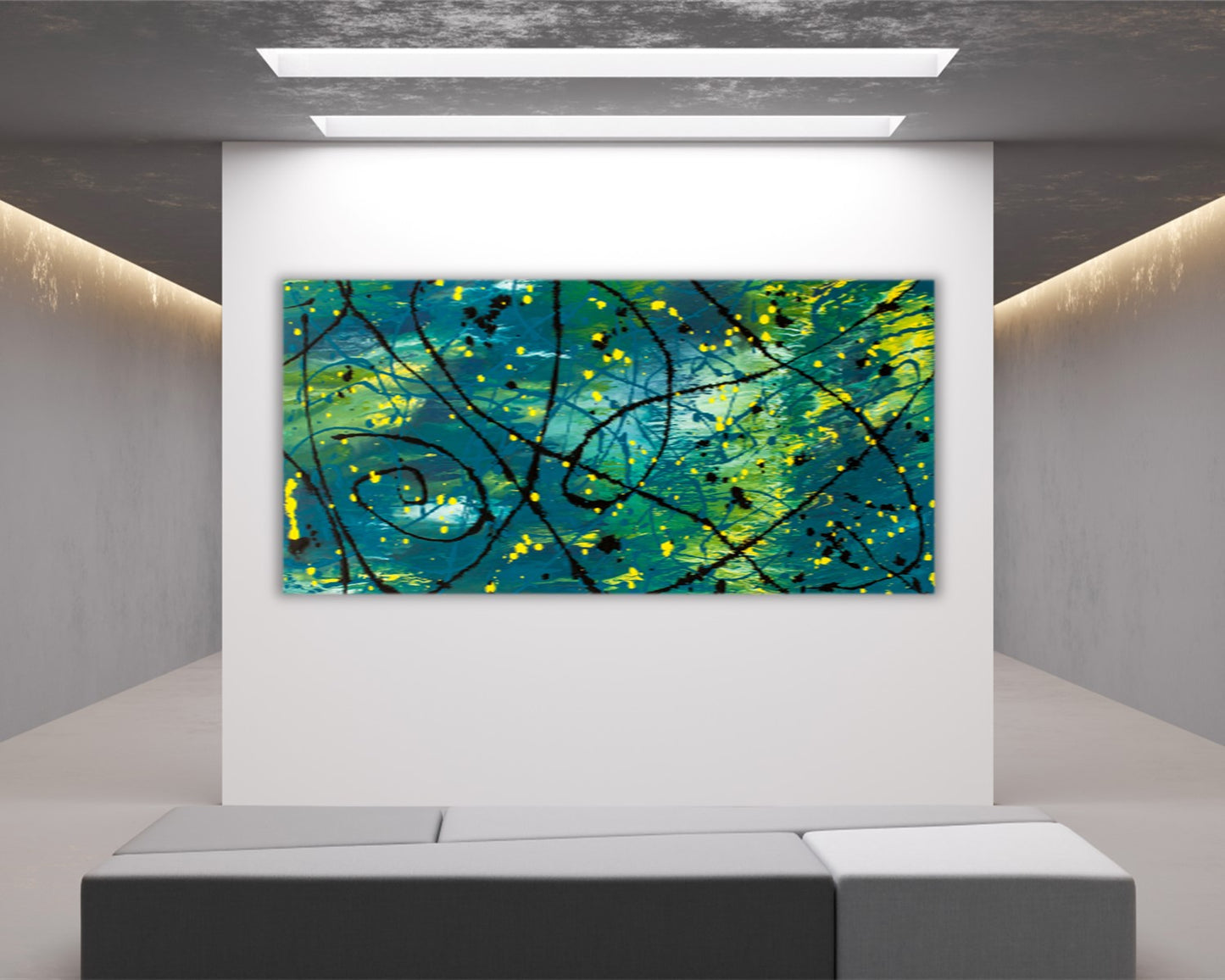 Starry Impression - Abstract Art Print - Deep Teal with Starry Yellow